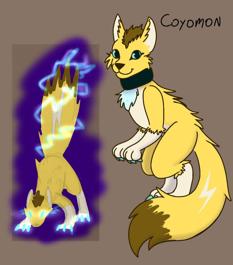 A semi-bipedal canine digimon with gold fur and electric-blue highlights. He has blue eyes and claws, and subtle lightning-bolt patterns in his ears and tailfur.