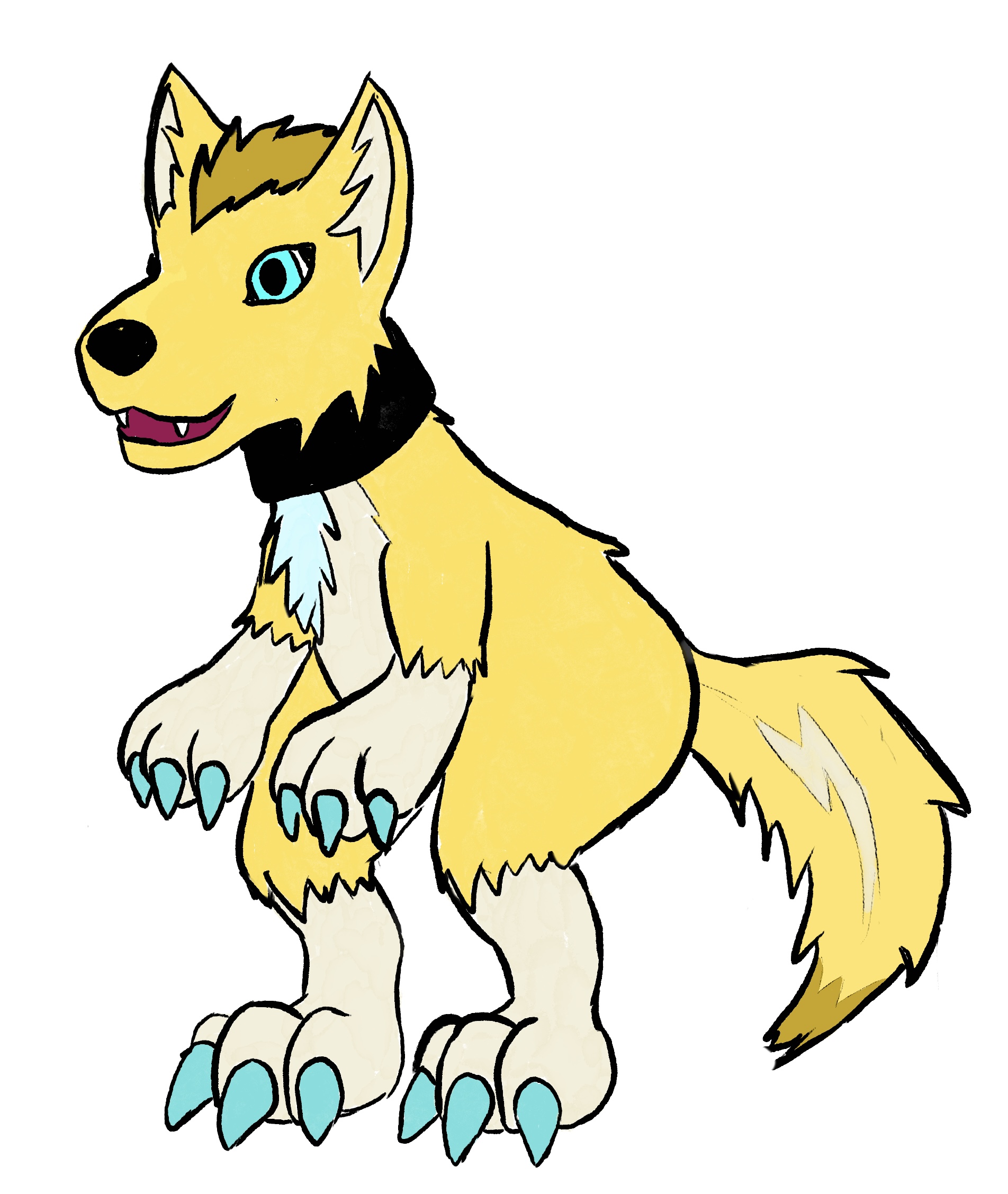 A semi-bipedal canine digimon with gold fur and electric-blue highlights. He has blue eyes and claws, and subtle lightning-bolt patterns in his ears and tailfur.